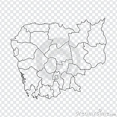 Blank map Cambodia. High quality map Cambodia with provinces on transparent background for your web site design, logo, app, UI Vector Illustration