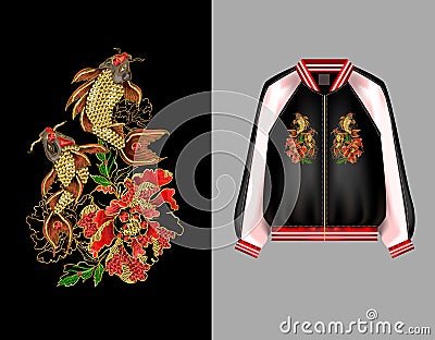 A print for a bomber or a swisshot with embroidery of Japanese carp koi and peony flowers. Vector Illustration