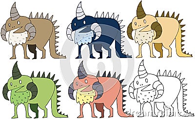 Print cartoon color doodle monster dinosaur hand draw funny set Vector Illustration