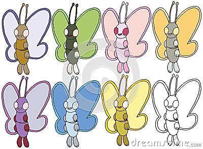 Print cartoon doodle color butterfly monster hand draw set happy Vector Illustration