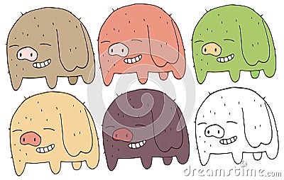 Print cartoon doodle color set pig hand draw happy monster Vector Illustration