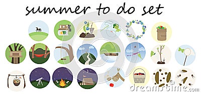 Print cartoon doodle flat color summer to do list set Vector Illustration