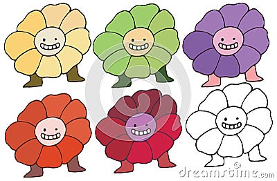 Print cartoon doodle monster color set happy flowers hand draw Vector Illustration