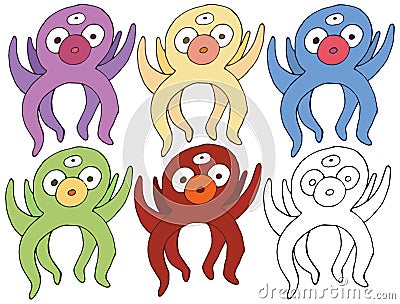 Print cartoon doodle octopus happy shock monster hand draw set color Vector Illustration