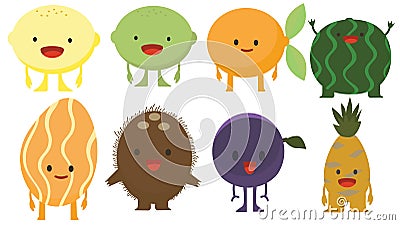 Print cartoon doodle summer color set citrus fruit flat Vector Illustration