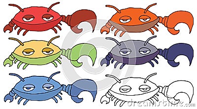 Print cartoon funny doodle crab monster color set hand draw Vector Illustration