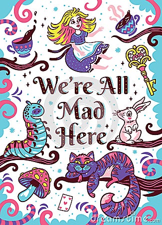 Print with characters from Alice in wonderland Vector Illustration