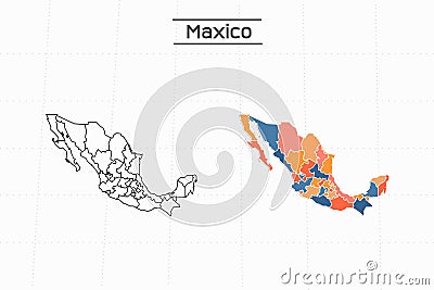 Maxico map city vector divided by colorful outline simplicity style. Have 2 versions, black thin line version and colorful version Vector Illustration