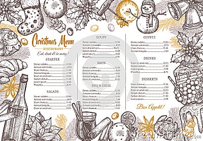 Christmas happy holiday vector layout of festive menu for festive dinner. Cartoon Illustration