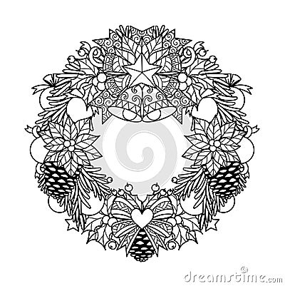 Christmas wreath for adult coloring book, printing on product, laser cutting, paper cutting and so on. Vector illustration Vector Illustration