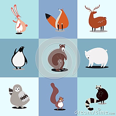 Collection of cute wild animals illustrations Vector Illustration
