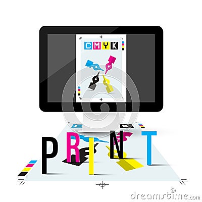 Print Concept with DTP Computer and CMYK Symbol Vector Illustration