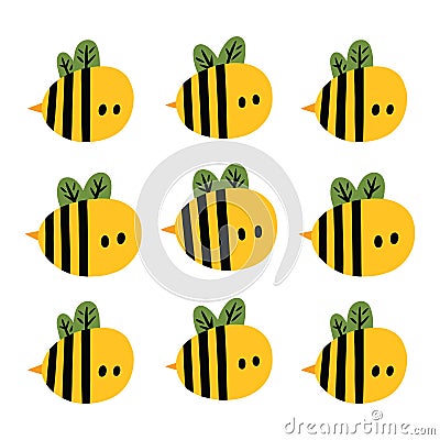 Print with cute cartoon yellow bees Vector Illustration