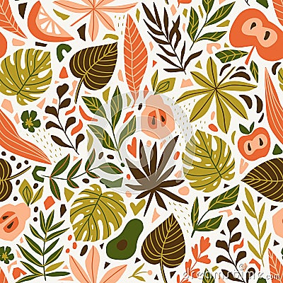 Cute trendy design for fabric, wallpaper, wrap paper. Scandinavian style repeated background with leaves and tropical fruits. Vect Vector Illustration