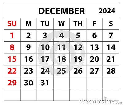 2024 December month calendar vector illustrator calendar design. Vector Illustration