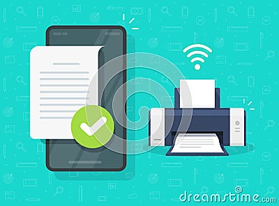 Print document on printer wirelessly via mobile phone or smartphone wifi connection with file printing fax or ink jet Vector Illustration