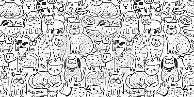 print with doodle cats and dogs Vector Illustration