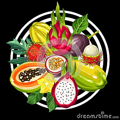 Print with exotic tropical fruits. Illustration of asian plants Vector Illustration