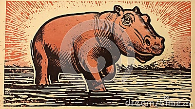 Authentic Woodcut Style Print Of A Brown Hippo In Water Stock Photo