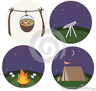Print flat cartoon doodle camping color travel tourism nature summer cooking Vector Illustration