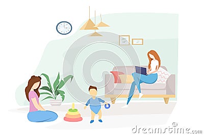 Flat vector illustration. Quarantined family, self-isolation. Cartoon Illustration