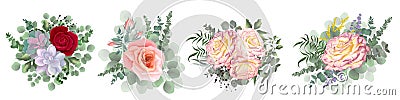 Flower set for your design. Beautiful pink and red roses, succulents, eucalyptus, berries, green plants. Vector Illustration