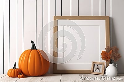 Print frame autumn mockup on shelf in living room Stock Photo