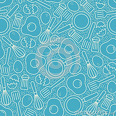 Fried eggs, Frying pan, Whisk, Spatula and pepper grinder bottle seamless pattern on blue background, Cooking fried eggs menu Vector Illustration