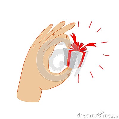 Gift box in hand. Hand holding small gift Vector Illustration