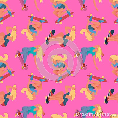 Girls skateboarders pattern. Flat vector seamless pattern. Cool girls ride on skateboard, pink background. Vector Illustration