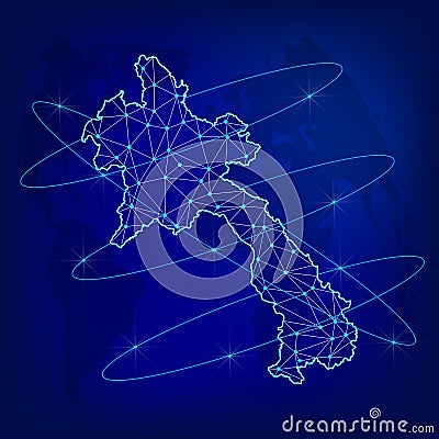 Global logistics network concept. Communications network map Laos on the world background. Map of Laos with nodes in polygonal sty Vector Illustration