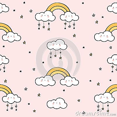 Seamless pattern with gold rainbows, funny clouds and stars Vector Illustration