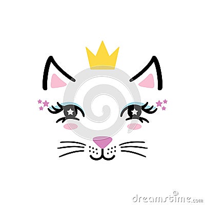 Hand drawn cute little kitty girl face with crown. Vector Illustration