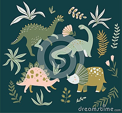 Hand drawn dinosaurs, tropical leaves and flowers. Cute dino design. Vector illustration. Vector Illustration