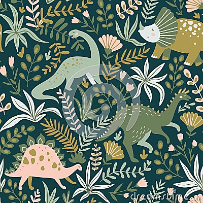 Hand drawn seamless pattern with dinosaurs and tropical leaves and flowers. Vector illustration. Vector Illustration