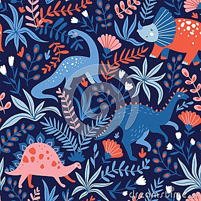 Hand drawn seamless pattern with dinosaurs and tropical leaves and flowers. Perfect for kids fabric, textile, nursery wallpaper. Vector Illustration