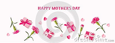 Happy Mothers day banner. Holiday design template with realistic pink carnation flowers, gift boxes and paper hearts. Vector Illustration