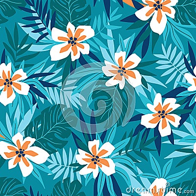 Hawaiian seamless pattern with pink flowers and blue tropical leaves. Stylish floral endless print for summer fabric design. Vector Illustration