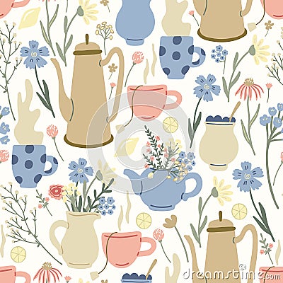 Herbal seamless pattern with wild flowers, lemons, desserts, mugs, tea and coffee pots Vector Illustration