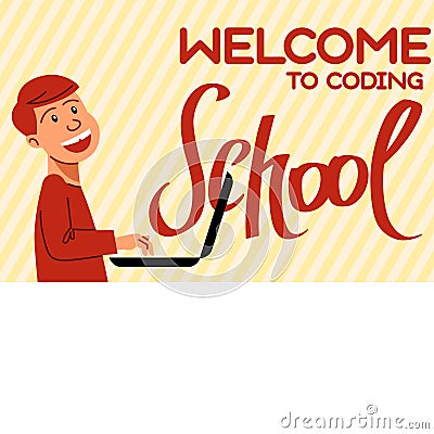 An image of the boy who studies coding. A vector image for a flyer or a poster for the chidren coding Vector Illustration