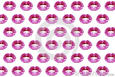 Print of kiss lips women, pink female lipstick, glamorous sensual red girl lip on white background. Stock Photo