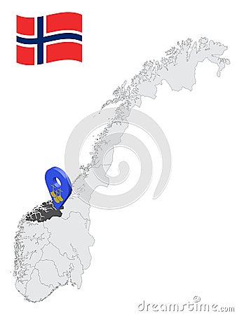 Location More and Romsdal County on map Norway. 3d location sign similar to the flag of More and Romsdal. Quality map with regio Vector Illustration