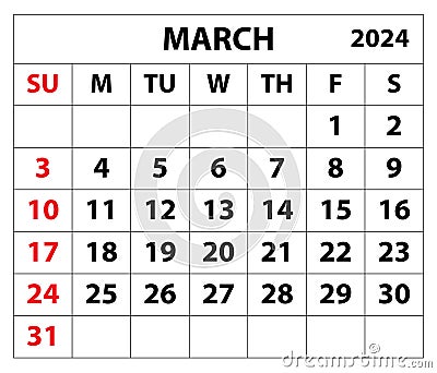 2024 March month calendar vector illustrator calendar design. Vector Illustration