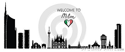 Milan city famous place travel set. Italy, architectural tourist landmark silhouettes. Historic buildings and modern skyscrapers Stock Photo