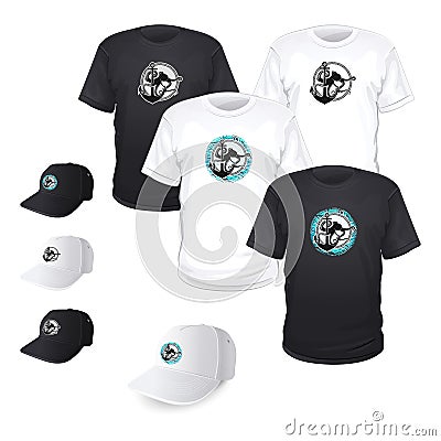 Print of Octopus on a T-shirt and Cap Vector Illustration