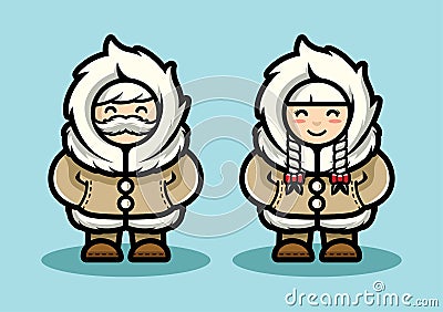 Old Eskimo Cute Couple Illustration in Cartoon Style. Arctic People Living In North Pole Flat Design. Vector Illustration