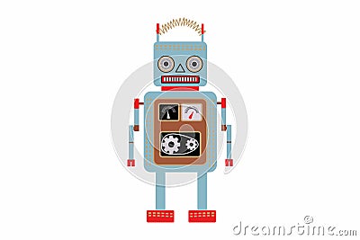 Old style retro vintage tin robot toy in blue colour. With old mechanical instruments and robot parts. Vector Vector Illustration