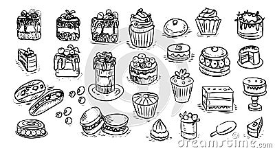 Pastries pastries cakes cupcakes vector graphics vector engraving sketch Vector Illustration