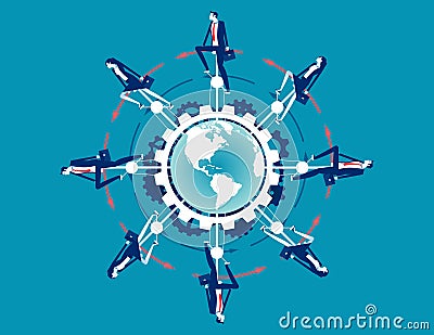People and driving the world by gears. Developed world Vector Illustration