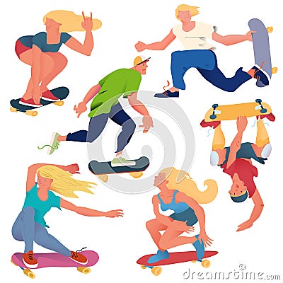 People skateboarders set. Flat vector stylish illustration. Cool peoples ride on skateboard. Vector Illustration